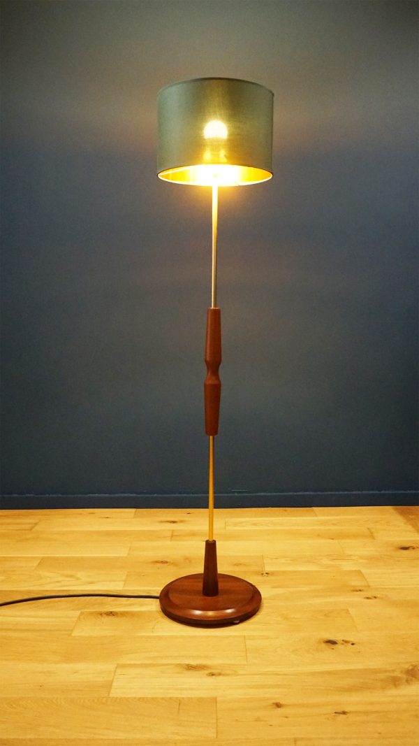 Mid-Century Solid Teak & Brass Standard Lamp