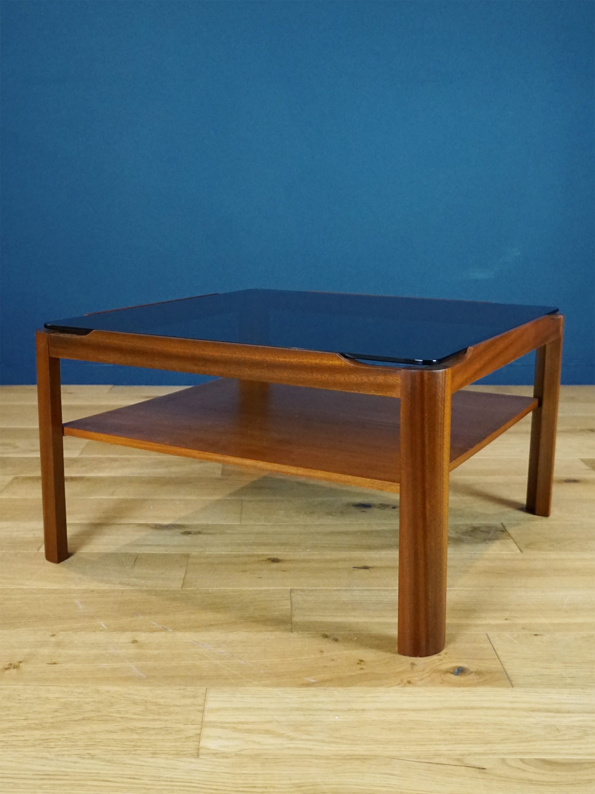 Myer Square Coffee Table 1970s Solid Teak and Smoked Glass