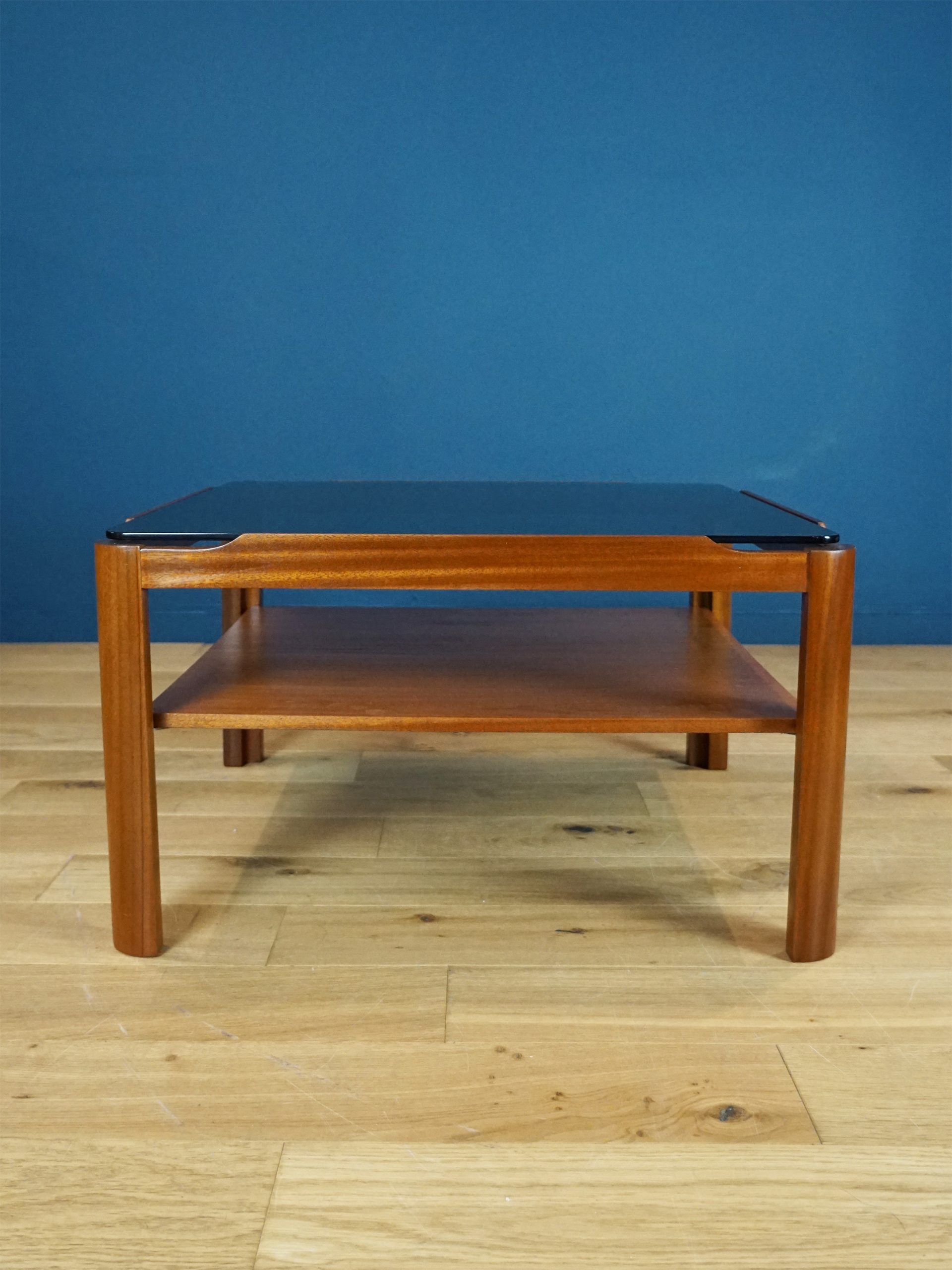 Myer Square Coffee Table 1970s Solid Teak and Smoked Glass