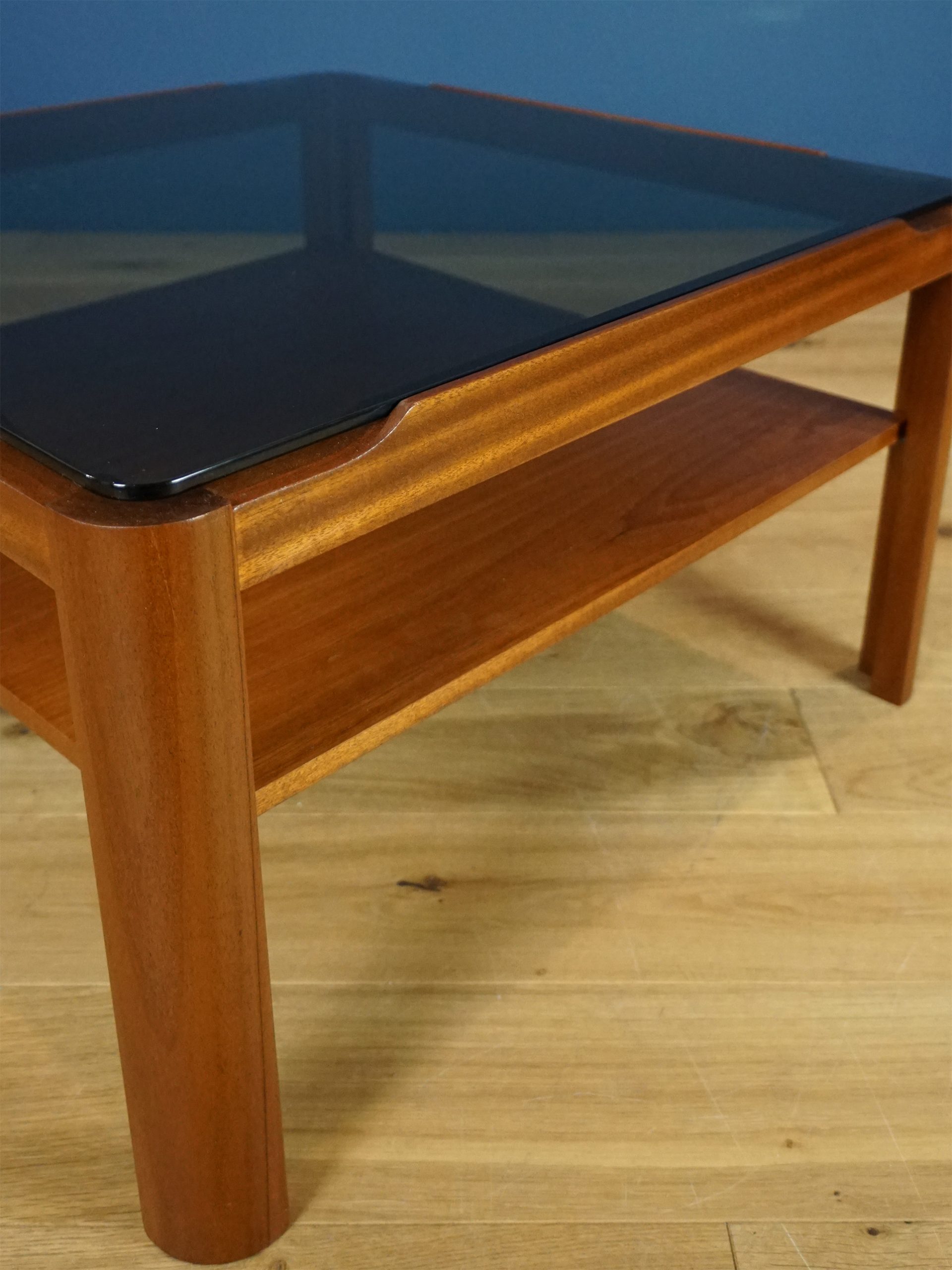 Myer Square Coffee Table 1970s Solid Teak and Smoked Glass