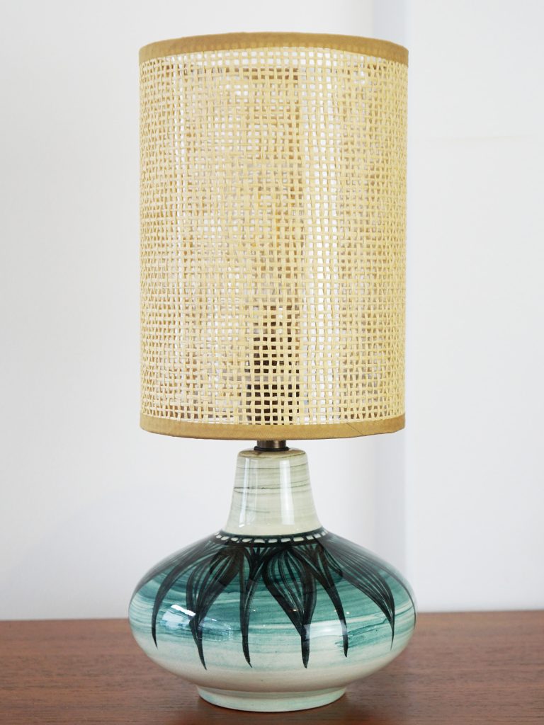 Hand-Made Jersey Pottery Table Lamp with Rattan Shade