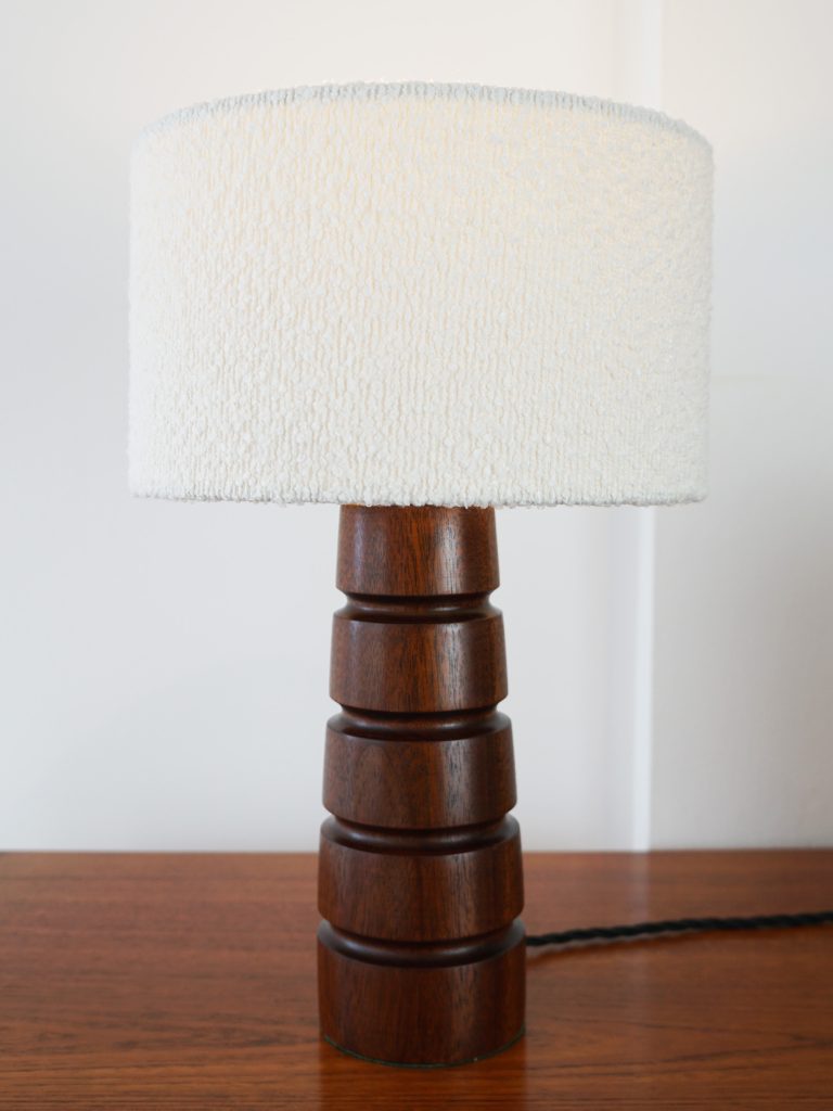 Vintage Danish Solid Teak Table Lamp with Bouclé Shade